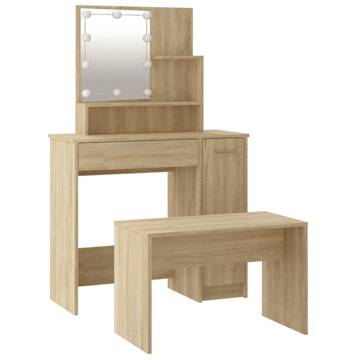 vidaXL Conjunto toucador c LEDs madeira processada carvalho sonoma vidaXL Conjunto toucador c LEDs madeira processada carvalho sonoma