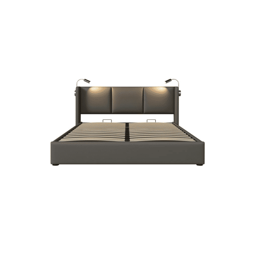 Cama de casal de pu 160x200cm com armazenamento,cinzento