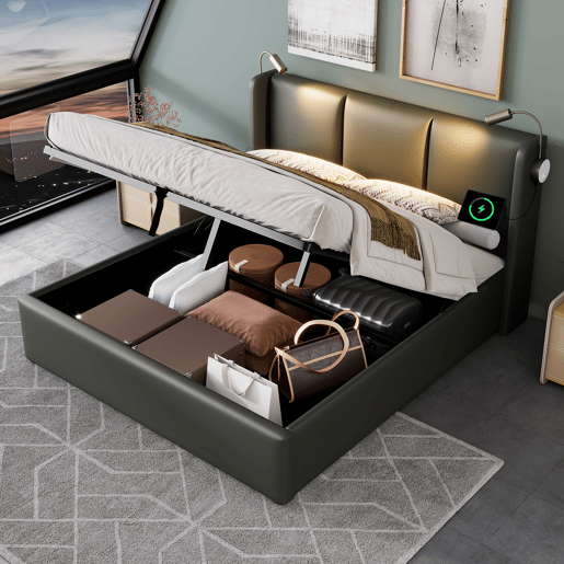 Cama de casal de pu 160x200cm com armazenamento,cinzento