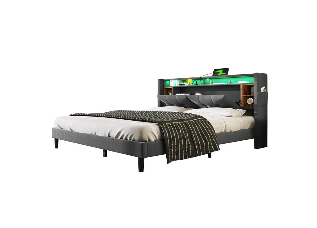 Cama de matrimonio de madera maciza 140x200cm con luz led,gris