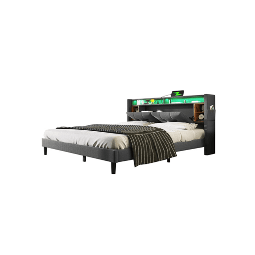 Cama de casal de madeira maciça 140x200cm com luz LED,cinzento