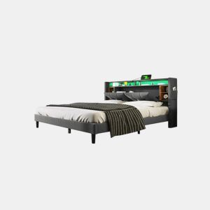 Cama de casal de madeira maciça 140x200cm com luz LED,cinzento