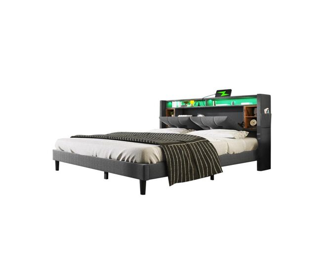 Cama de matrimonio de madera maciza 140x200cm con luz led,gris