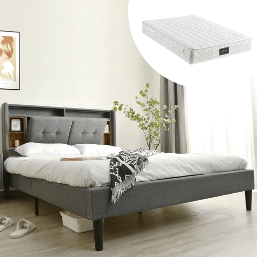 Cama de casal de madeira maciça 140x200cm com luz LED,cinzento