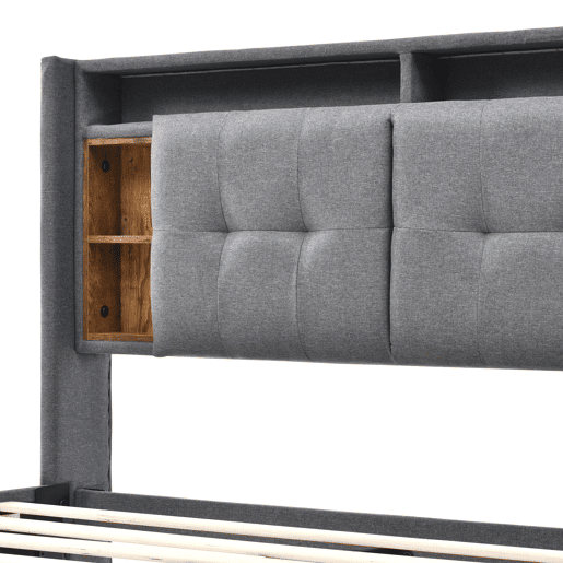 Cama de casal de madeira maciça 140x200cm com luz LED,cinzento