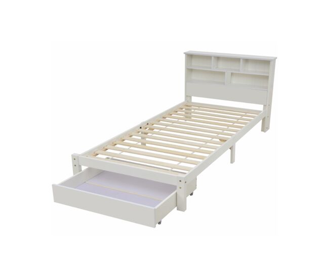 cama juvenil,cama individual de madera maciza 90x200cm con 1 cajón y estantería,blanco