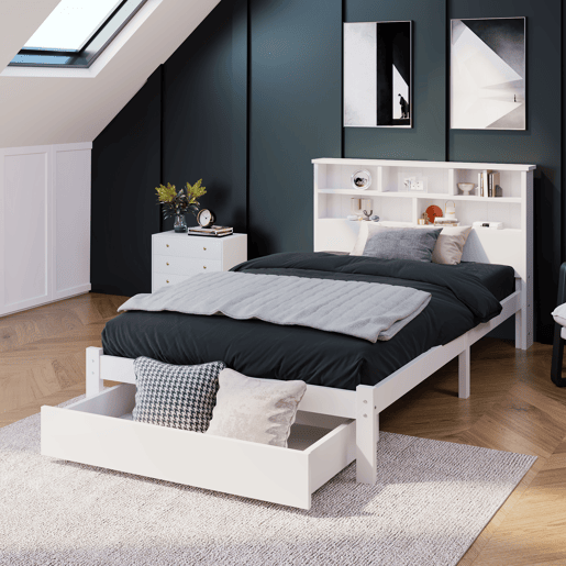 Cama juvenile,cama de solteiro de madeira maciça 90x200cm com 1 gaveta,branco