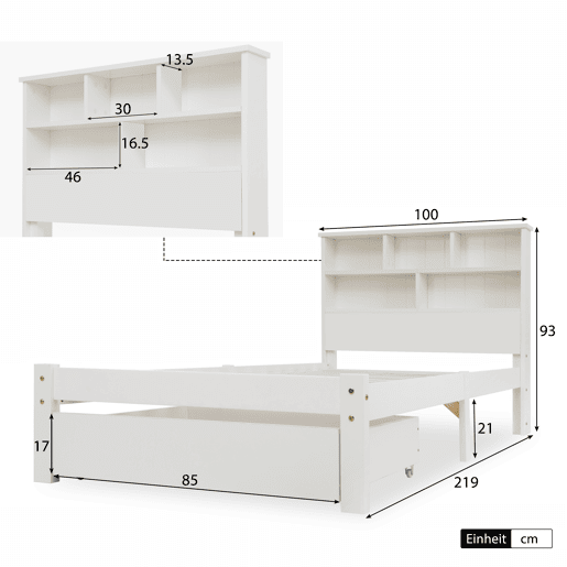 Cama juvenile,cama de solteiro de madeira maciça 90x200cm com 1 gaveta,branco