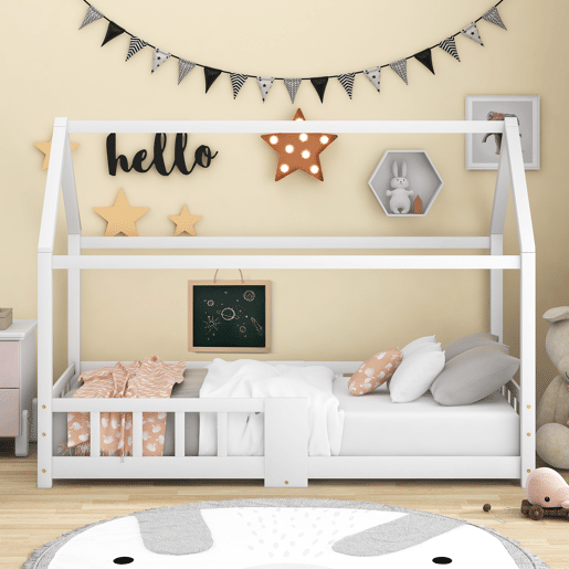 Cama de criança,cama-casa de madeira de pinho 90x200cm,branco