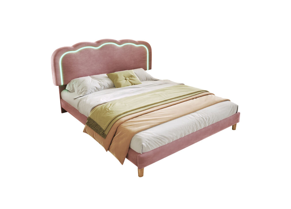 Cama juvenil,cama doble de terciopelo 140x200cm con luz led y cabecera de altura ajustable,rosa