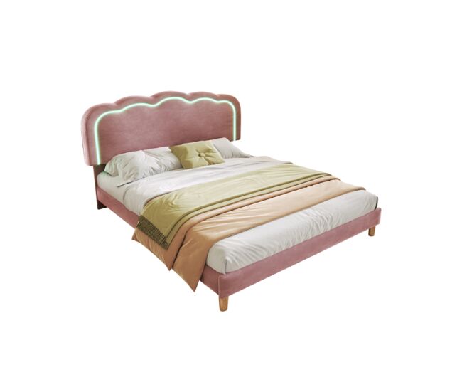Cama juvenil,cama doble de terciopelo 140x200cm con luz led y cabecera de altura ajustable,rosa