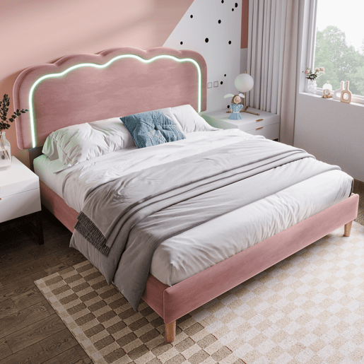 Cama juvenile,cama dupla de veludo 140x200cm com luz LED,rosa