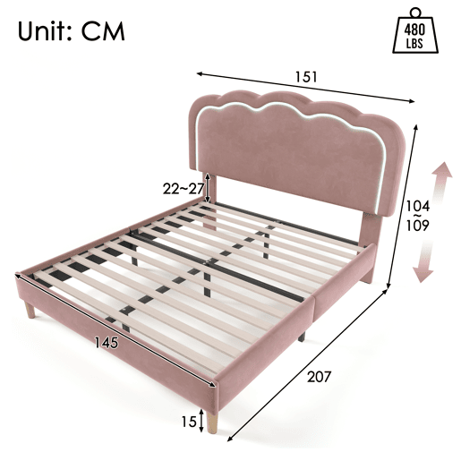 Cama juvenile,cama dupla de veludo 140x200cm com luz LED,rosa