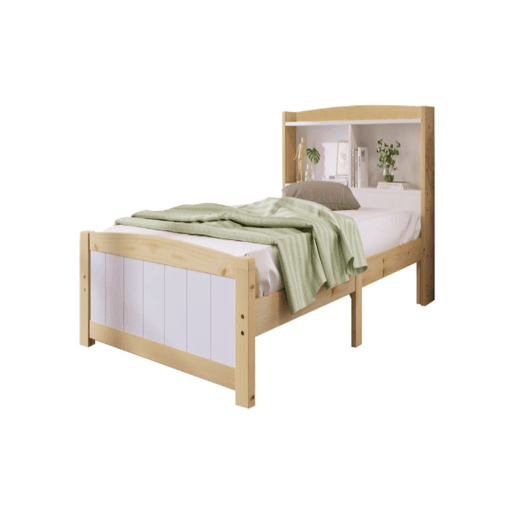 Cama juvenile,cama de solteiro de madeira de pinho 90x200cm,branco+madeira