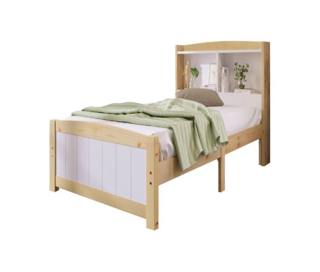 cama juvenil,cama individual de madera de pino 90x200cm con compartimentos,sin colchón,blanco+color madera