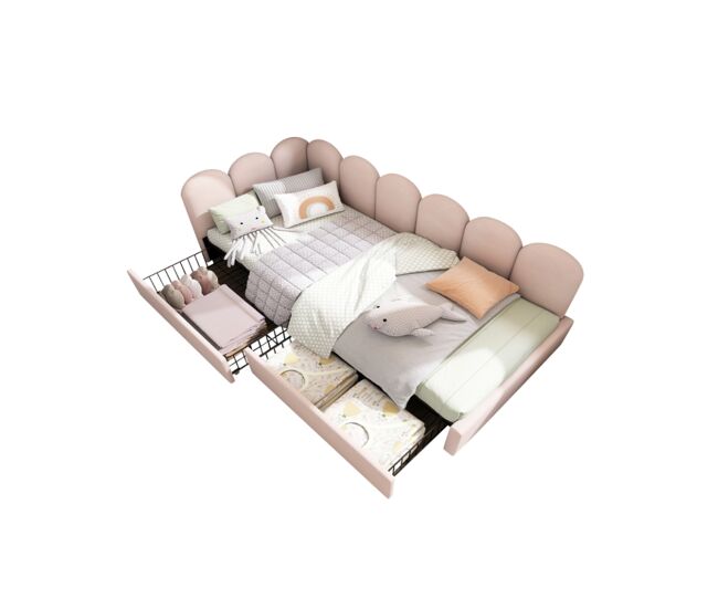 cama juvenil,cama individual de terciopelo 90x200cm con 2 cajones,en forma de L,rosa