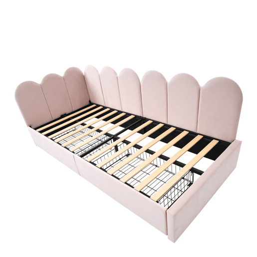Cama juvenile,cama de solteiro de veludo 90x200cm com 2 gavetas,rosa