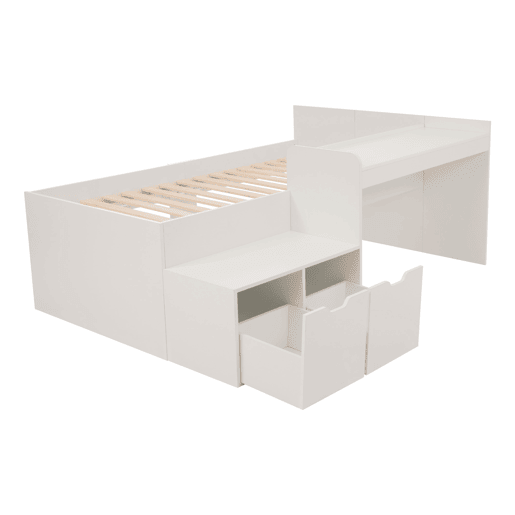 Cama juvenile,cama de solteiro de madeira maciça 90x200cm com 2 gavetas,branco