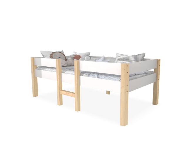 Cama infantil,cama alta,cama de media altura de madera de pino 90x200cm,blanco+color madera