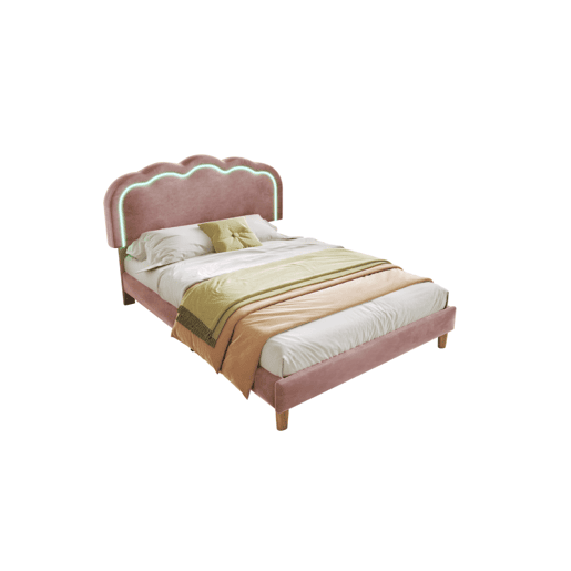 Cama juvenile,cama de solteiro de veludo 90x200cm com luz LED,rosa