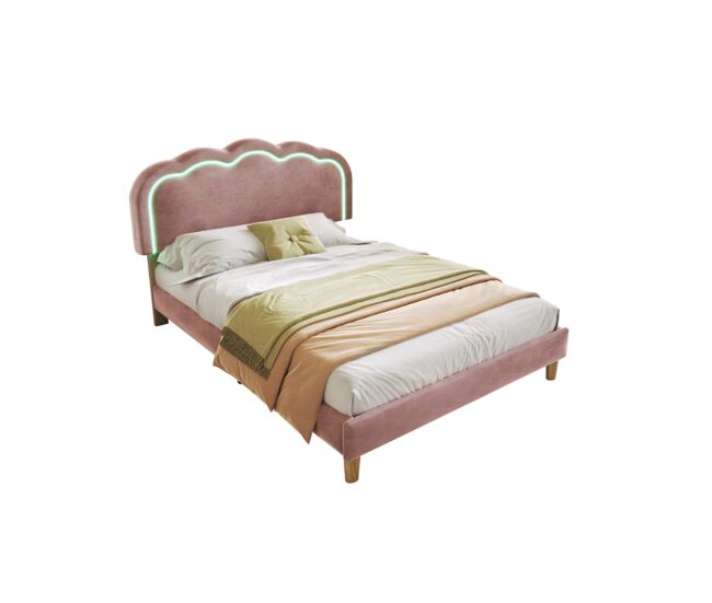 Cama juvenil,cama individual de terciopelo 90x200cm con luz led y cabecera de altura ajustable,rosa