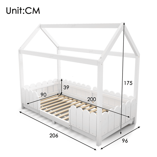 Cama de criança,cama-casa de madeira maciça 90x200cm,branco