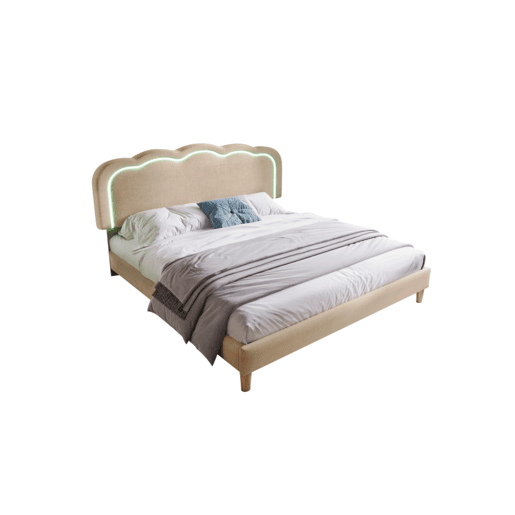 Cama juvenile,cama dupla de linho 140x200cm com luz LED,bege