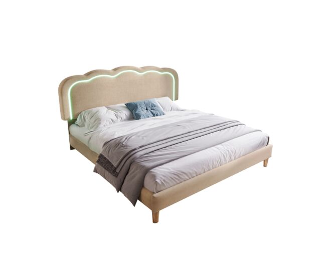Cama juvenil,cama doble de lino 140x200cm con luz led y cabecera de altura ajustable,beige