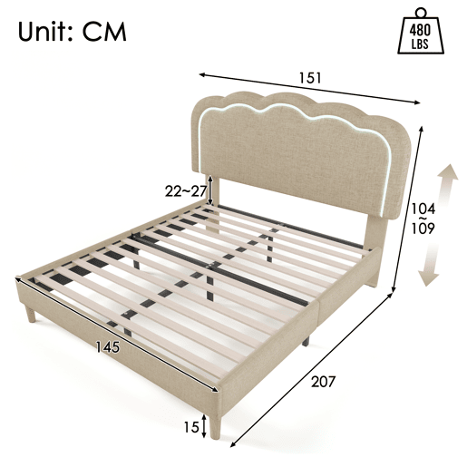 Cama juvenile,cama dupla de linho 140x200cm com luz LED,bege