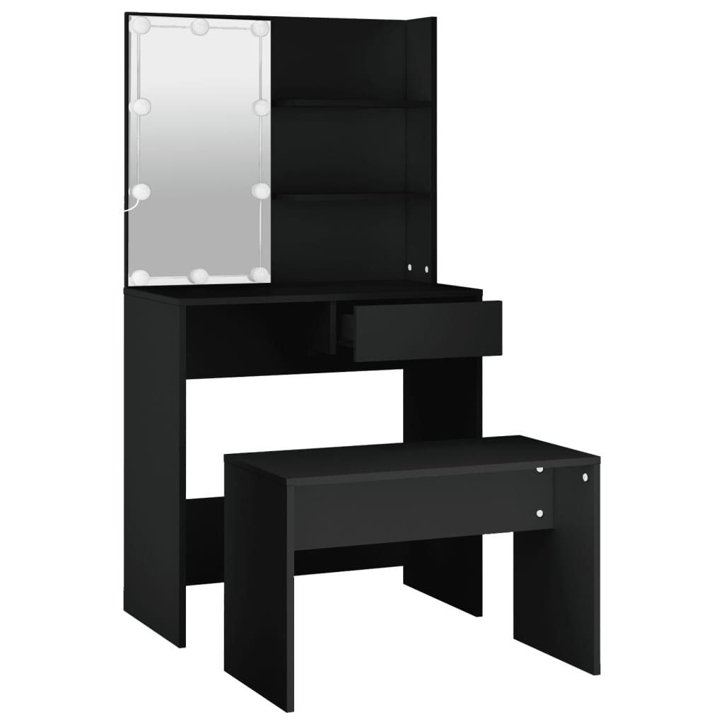 Vidaxl juego de tocador con led madera contrachapada negro