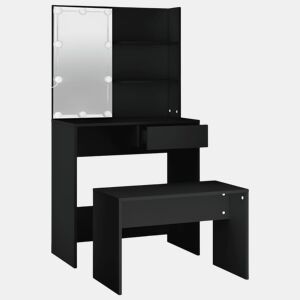 vidaXL Conjunto de toucador com luzes LED derivados de madeira preto