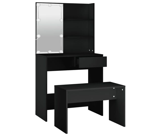 Vidaxl juego de tocador con led madera contrachapada negro