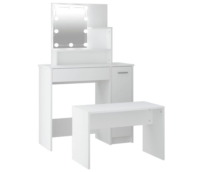 Vidaxl juego de tocador con led madera contrachapada blanco