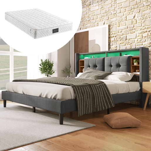 Cama de casal de madeira maciça 160x200cm com luz LED,cinzento