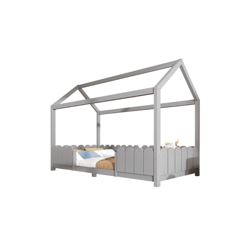 Cama de criança,cama-casa de madeira maciça 90x200cm,cinzento