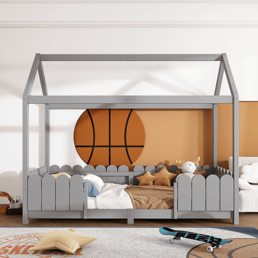 Cama de criança,cama-casa de madeira maciça 90x200cm,cinzento