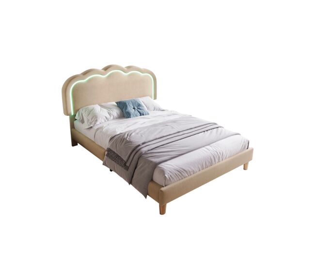 Cama juvenil,cama individual de lino 90x200cm con luz led y cabecera de altura ajustable,beige