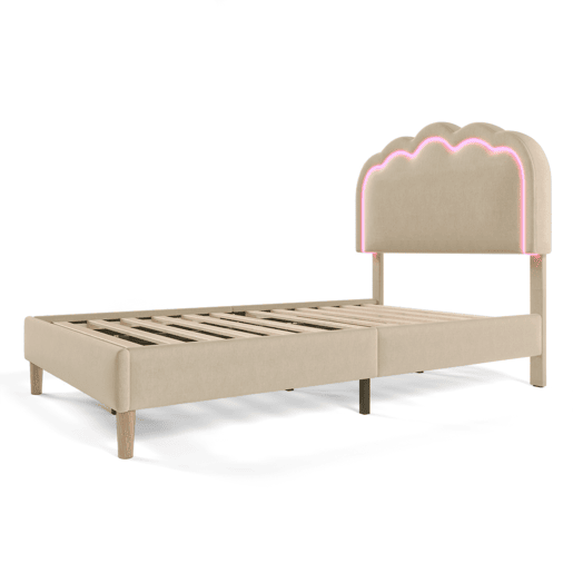 Cama juvenile,cama de solteiro de linho 90x200cm com luz LED,bege