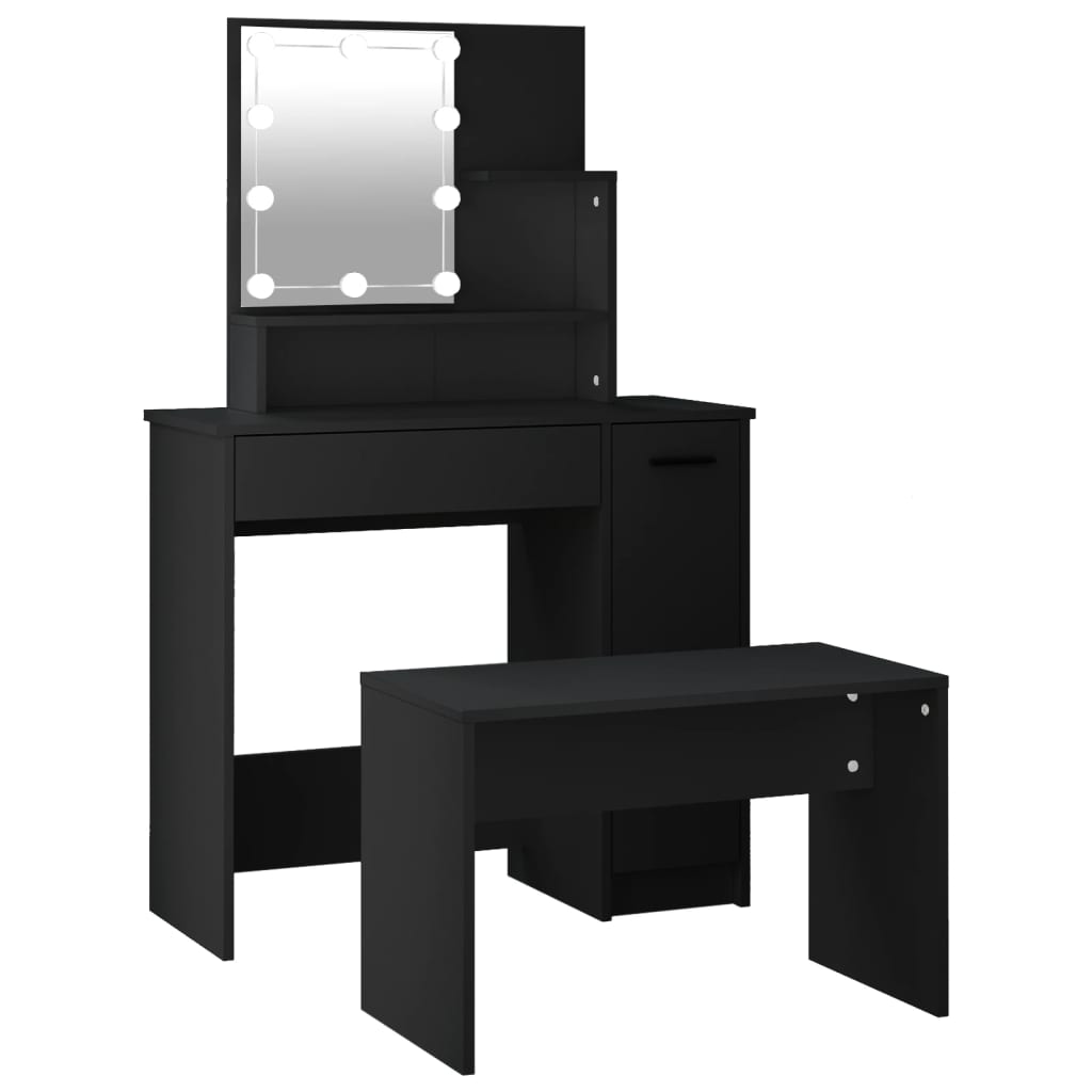 Vidaxl juego de tocador con led madera contrachapada negro