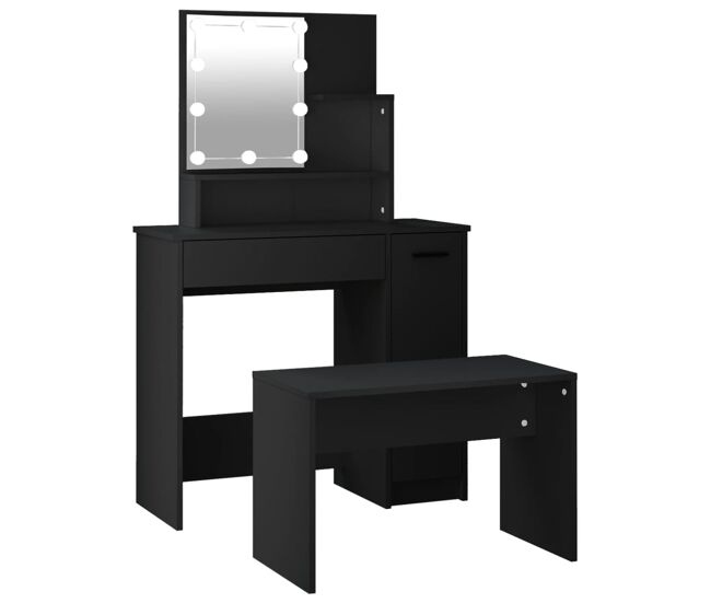 Vidaxl juego de tocador con led madera contrachapada negro