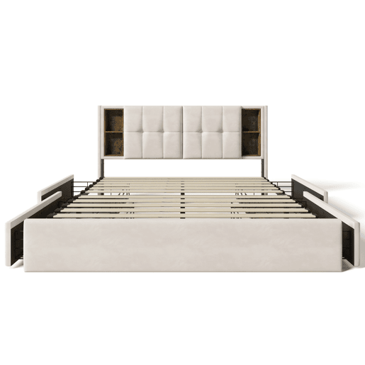 Cama de casal de veludo 160x200cm com 4 gavetas,bege