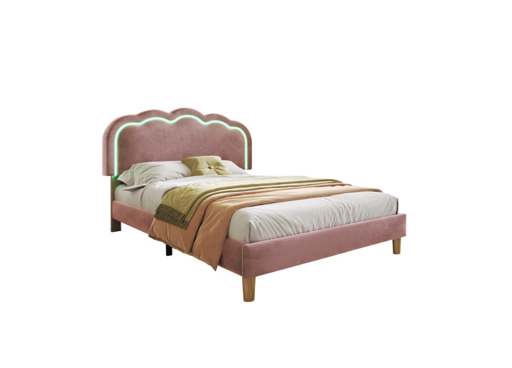 Cama juvenil,cama individual de terciopelo 90x190cm con luz led y cabecera de altura ajustable,rosa