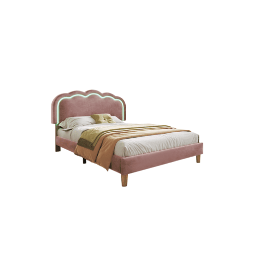 Cama juvenile,cama de solteiro de veludo 90x190cm con luz LED e cabeceira ajustável em altura,rosa