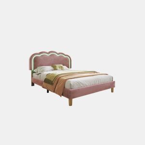 Cama juvenile,cama de solteiro de veludo 90x190cm con luz LED e cabeceira ajustável em altura,rosa