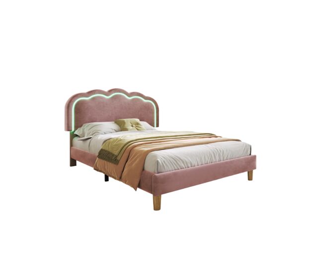 Cama juvenil,cama individual de terciopelo 90x190cm con luz led y cabecera de altura ajustable,rosa