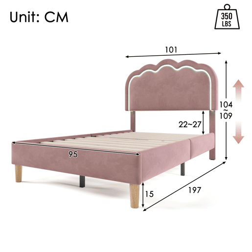 Cama juvenile,cama de solteiro de veludo 90x190cm con luz LED e cabeceira ajustável em altura,rosa
