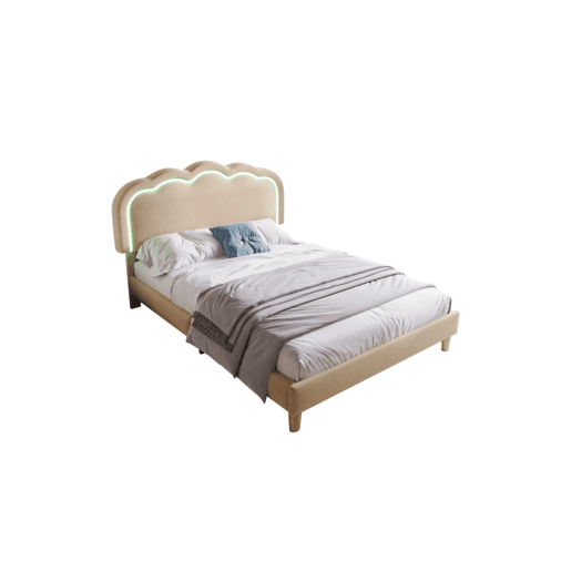 Cama juvenile,cama de solteiro de linho 90x190cm con luz LED e cabeceira ajustável em altura,bege