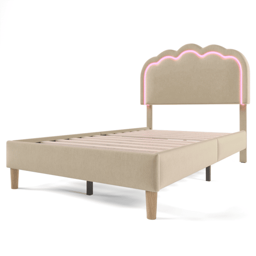 Cama juvenile,cama de solteiro de linho 90x190cm con luz LED e cabeceira ajustável em altura,bege