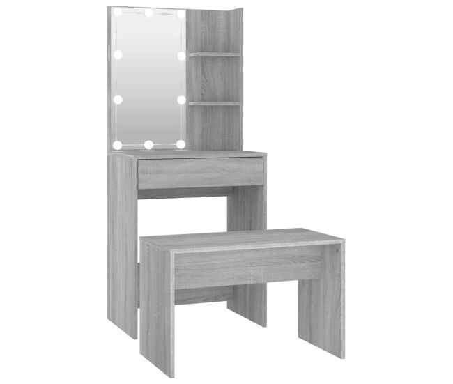 Vidaxl juego de tocador con led madera contrachapada gris sonoma
