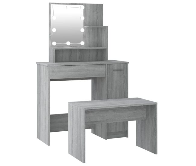 Vidaxl juego de tocador con led madera contrachapada gris sonoma